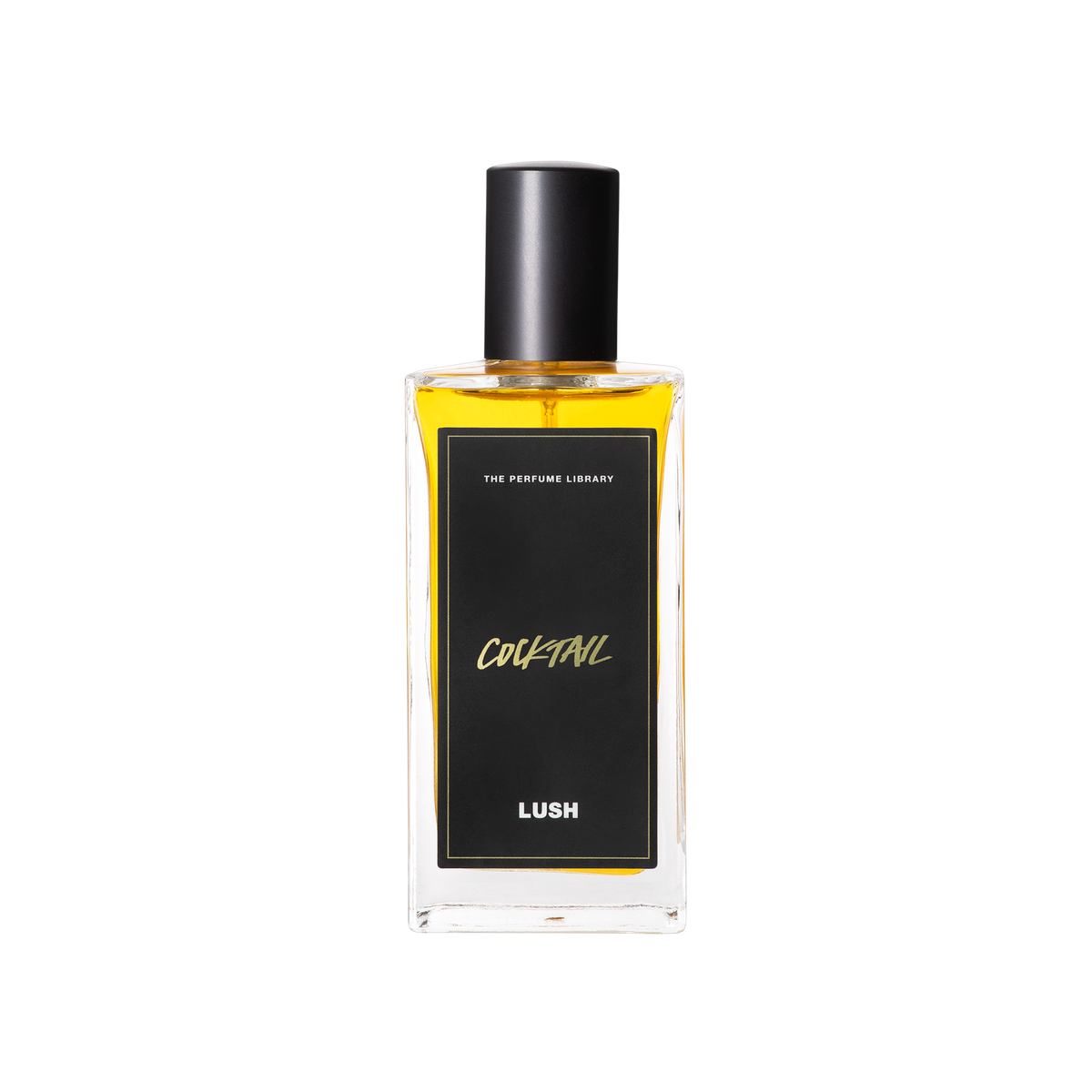 A glass perfume bottle filled with light amber liquid. A black label reads 'The Perfume Library' and 'Cocktail'.