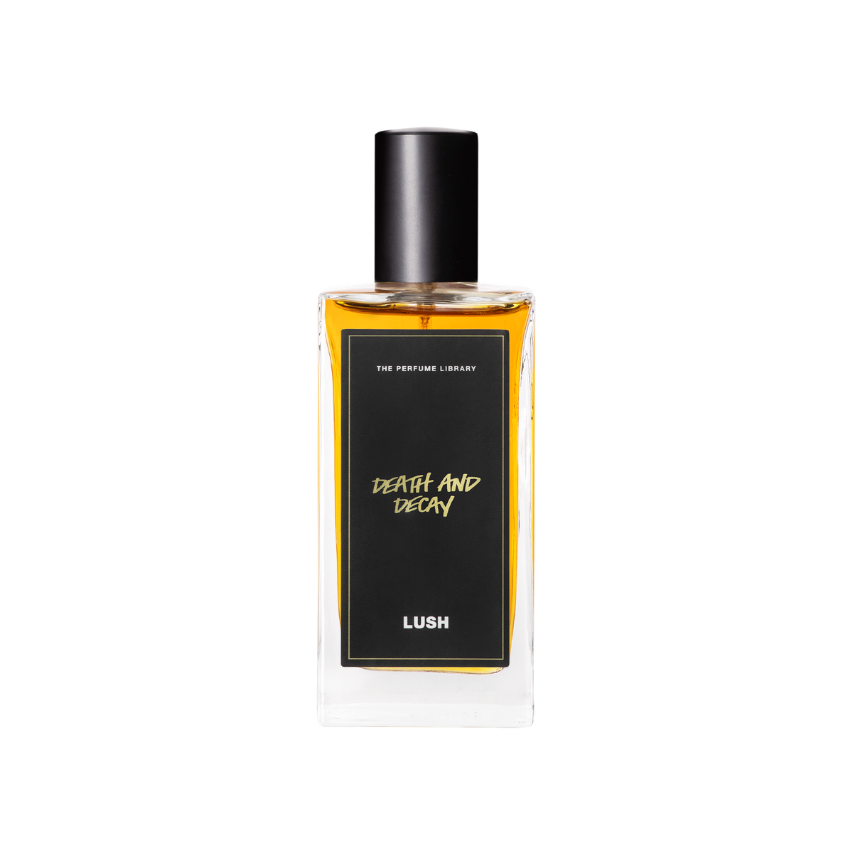 A glass perfume bottle filled with dark amber liquid. A black label reads 'The Perfume Library' and 'Death and Decay'.