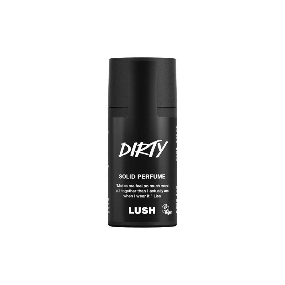 Dirty. A short, cylindrical black push-up tube of the Dirty solid perfume with a black label on the front covering the cap, with the product name and scent printed on it.