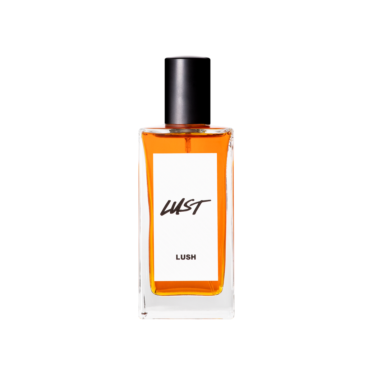 A glass perfume bottle filled with deep, reddish amber liquid. A white label reads 'Lust'.
